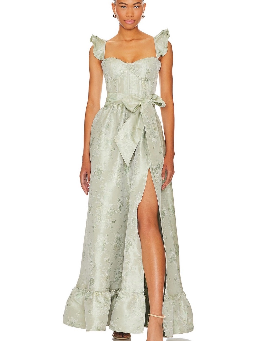 V. Chapman Sage Green Brocade Maxi Dress with Waist Bow